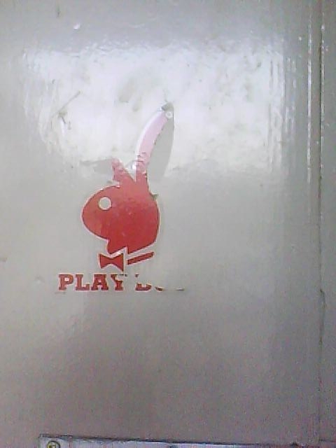 A playboy sticker on a shabby door.